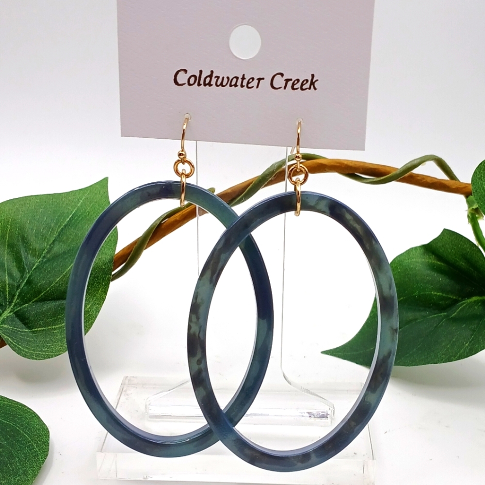 Coldwater Creek Acrylic Large Oval Earrings Slate Blue And Black NEW